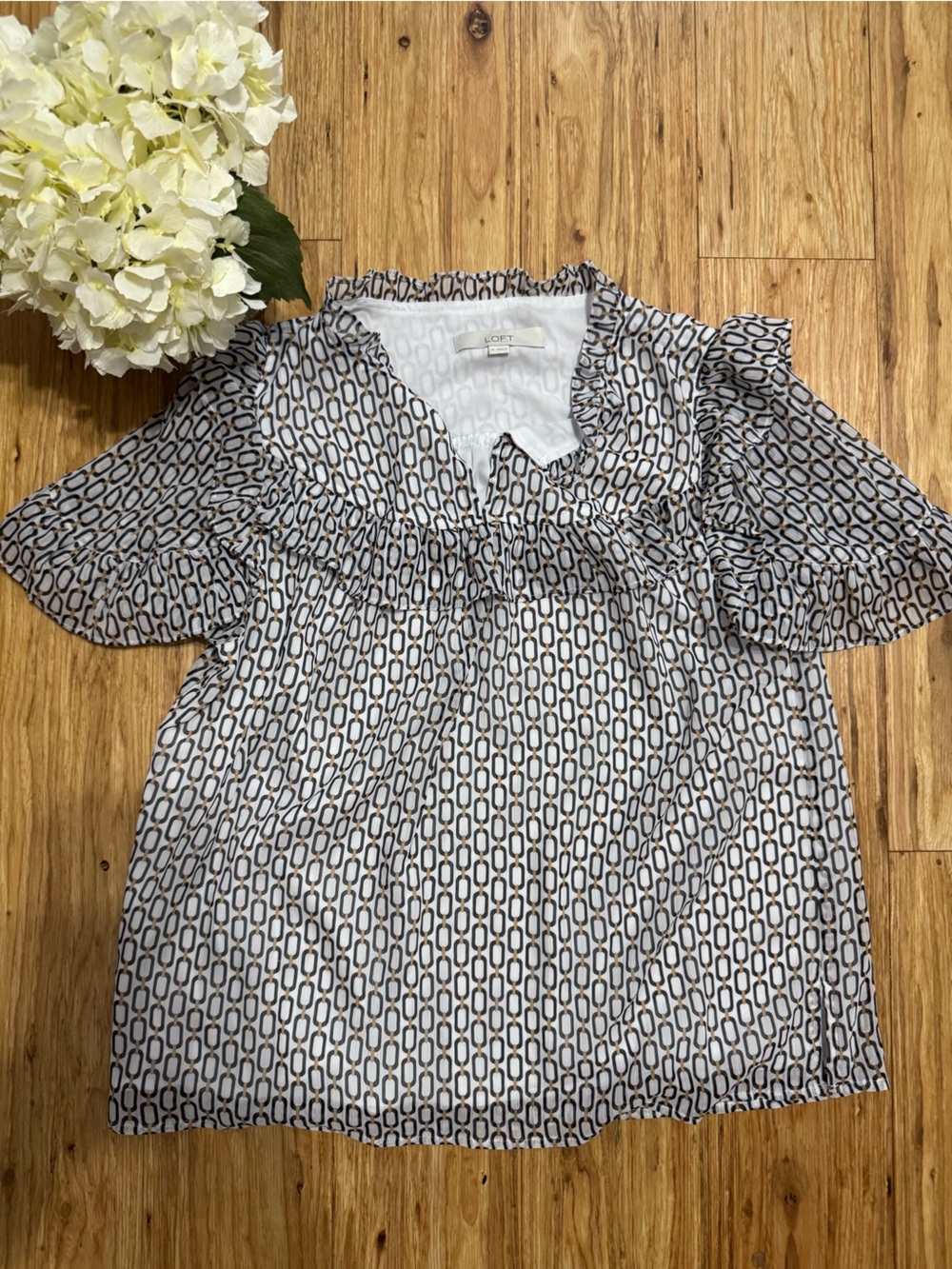 LOFT White and Black Ruffle-Yoke Geometric Print Blouse